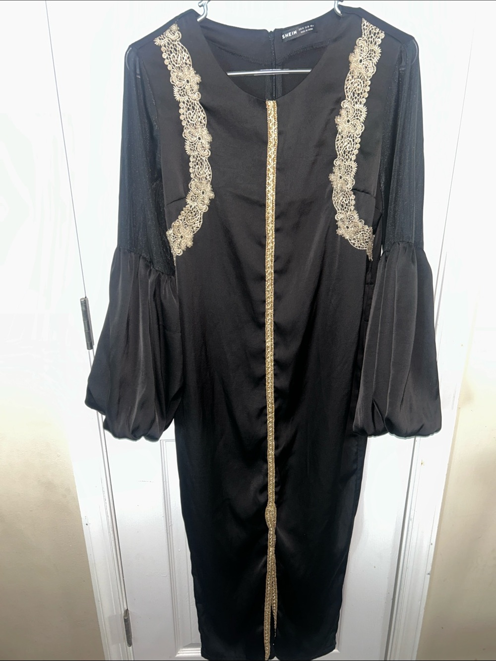 SHEIN Black Long Sleeve Midi Dress with Gold Lace Trim